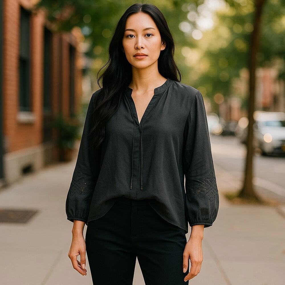 Lafayette 148 black silk blouse embroidered balloon sleeves top new $448